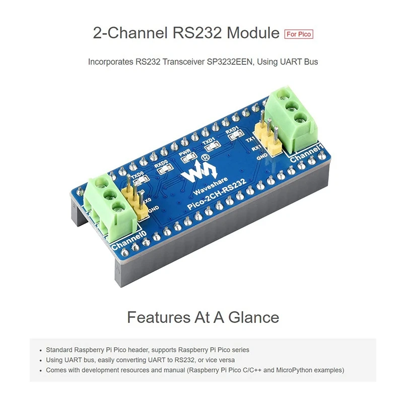 Waveshare 2-Channel RS232 Module For Raspberry Pi Pico SP3232EEN Transceiver UART To RS232