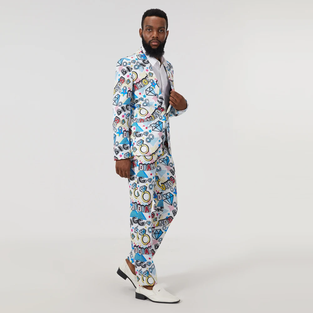 Mens New Fashion Print Suits Set 2PCS (Blazers + Pants) Man Slim Fit Party Stage Costumes Coat Casual Slim Fit Jacket