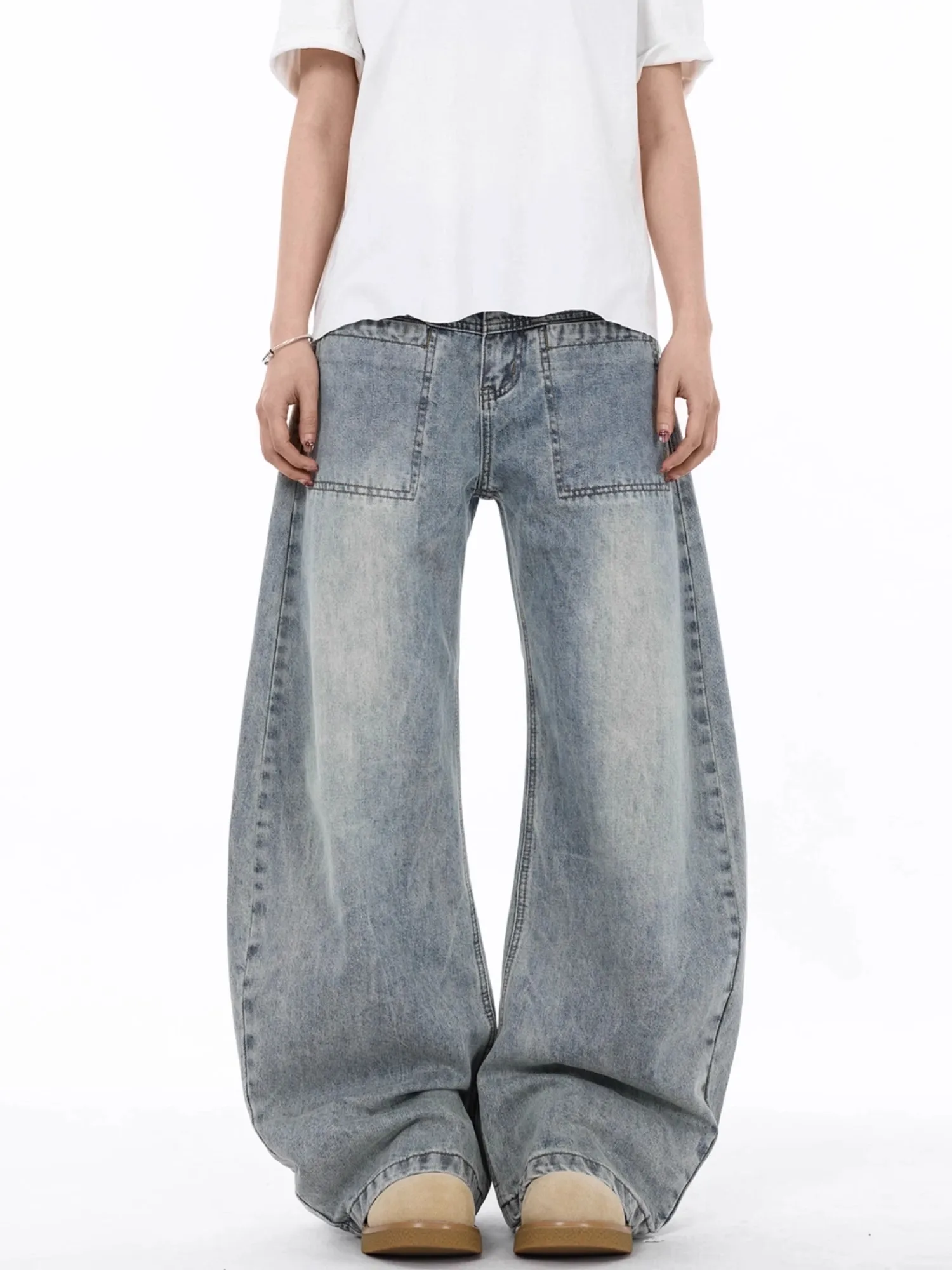 

Американские ретро-джинсы светло-голубого цвета, свободные, широкие, с высокой талией, для мужчин и женщин, повседневная одежда