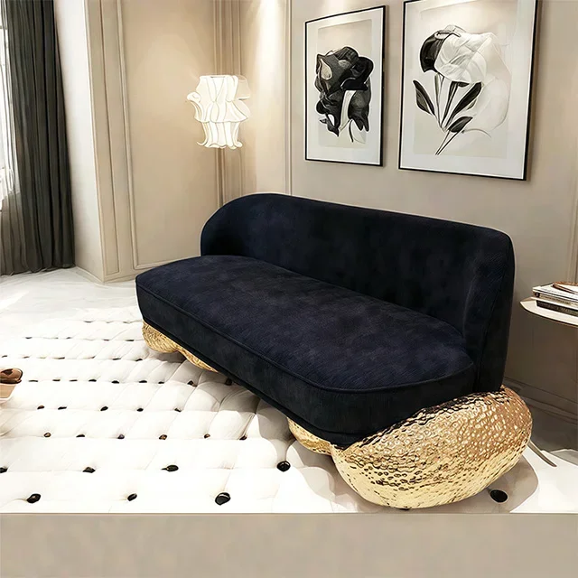Modern Classic Villa Living Room Furniture Set High Quality Black Velvet Fabric with Metallic Brass for Hotels and Apartments