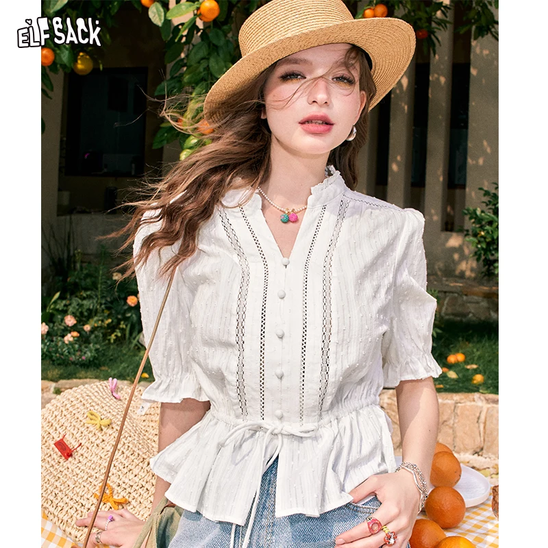 

ELFSACK 2024 summer new arrival French hollow belt waist stand collar unique temperament white shirt for women