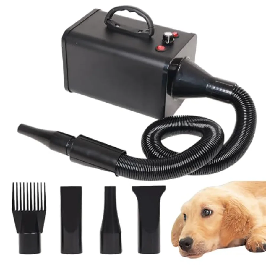 

2400W 75m/s Dog Dryer for Pet Grooming High Velocity Pet Hair Dryer with Heater Adjustable Speed 4 Nozzles and Comb Black