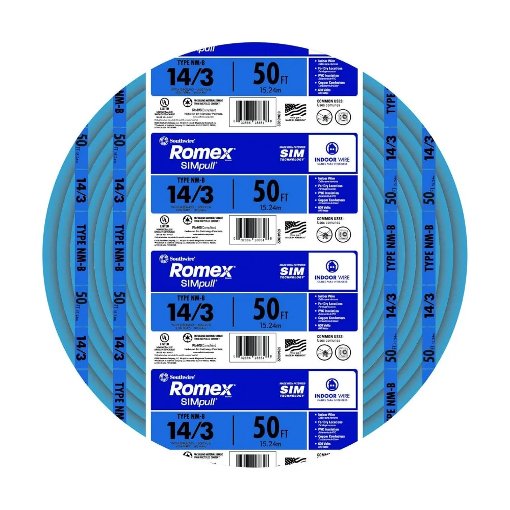 

14-метровый 3-жильный синий кабель NM-B длиной 50 футов для простой установки в сухих локации