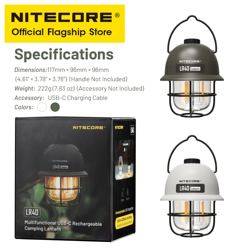 NITECORE 2 في 1 LR40 بنك الطاقة الخفيف للتخييم 100 لومن 3 مصادر الضوء المحمولة LED USB-C قابلة للشحن خيمة التخييم فانوس