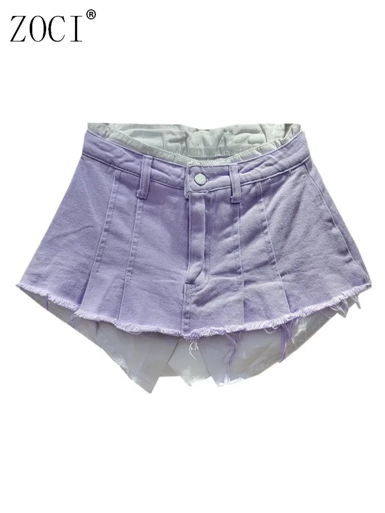 

ZOCI женская джинсовая юбка с высокой талией, плиссированная лоскутная мини-юбка контрастного цвета с большими карманами и заусенцами, новинка лета 2023 г.