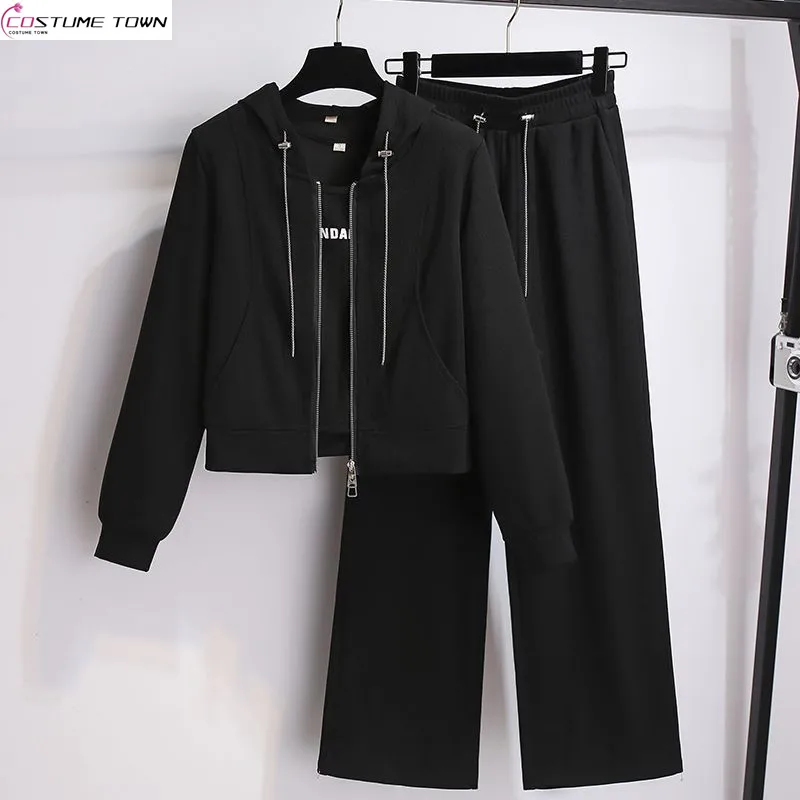 

Leisure Fashion Sports Wide Leg Pants Women's Set 20234 Spring and Autumn New Hooded Cardigan Coat Three Piece Set