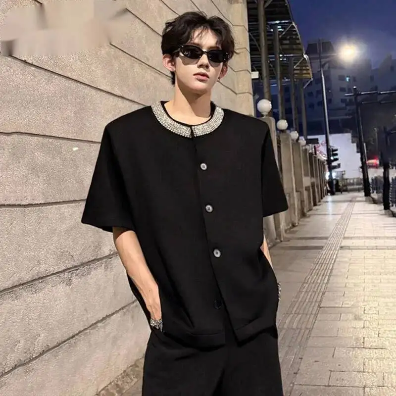 Diamonds Decoration Men's Suit Jackets Solid Color Single Breasted Round Neck Casual Short Sleeved Male Blazers 9W91YE