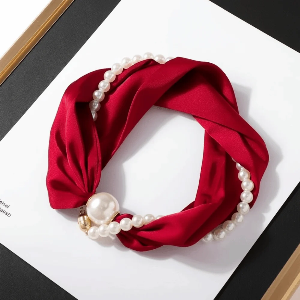 

Элегантный узкий тонкий атласный шарф с магнитной застежкой, мягкий, с жемчужной цепочкой-ожерельем, шейный платок