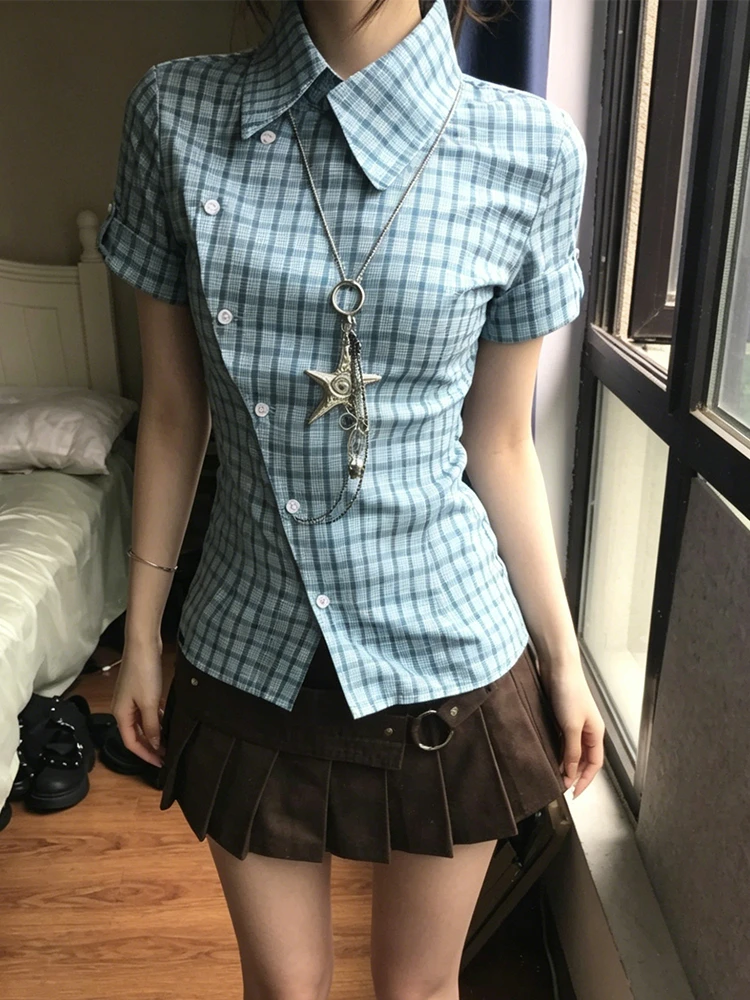 Genayooa Japanisches Y2k-Karohemd für Damen, schmal geschnittene Kurzarmbluse und Hemd, Streetwear, amerikanische Retro-Hemden im unregelmäßigen Vintage-Stil – Detail 9