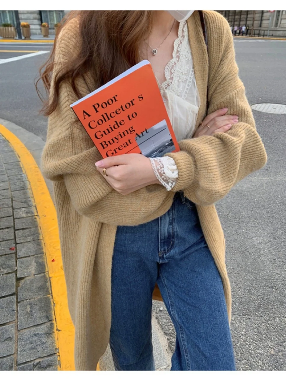 

Thiened Heavy Du Long Loose Knitted Cardigan Autumn Winter V-Ne Buttonl Open-irt Sle Casual Faionable