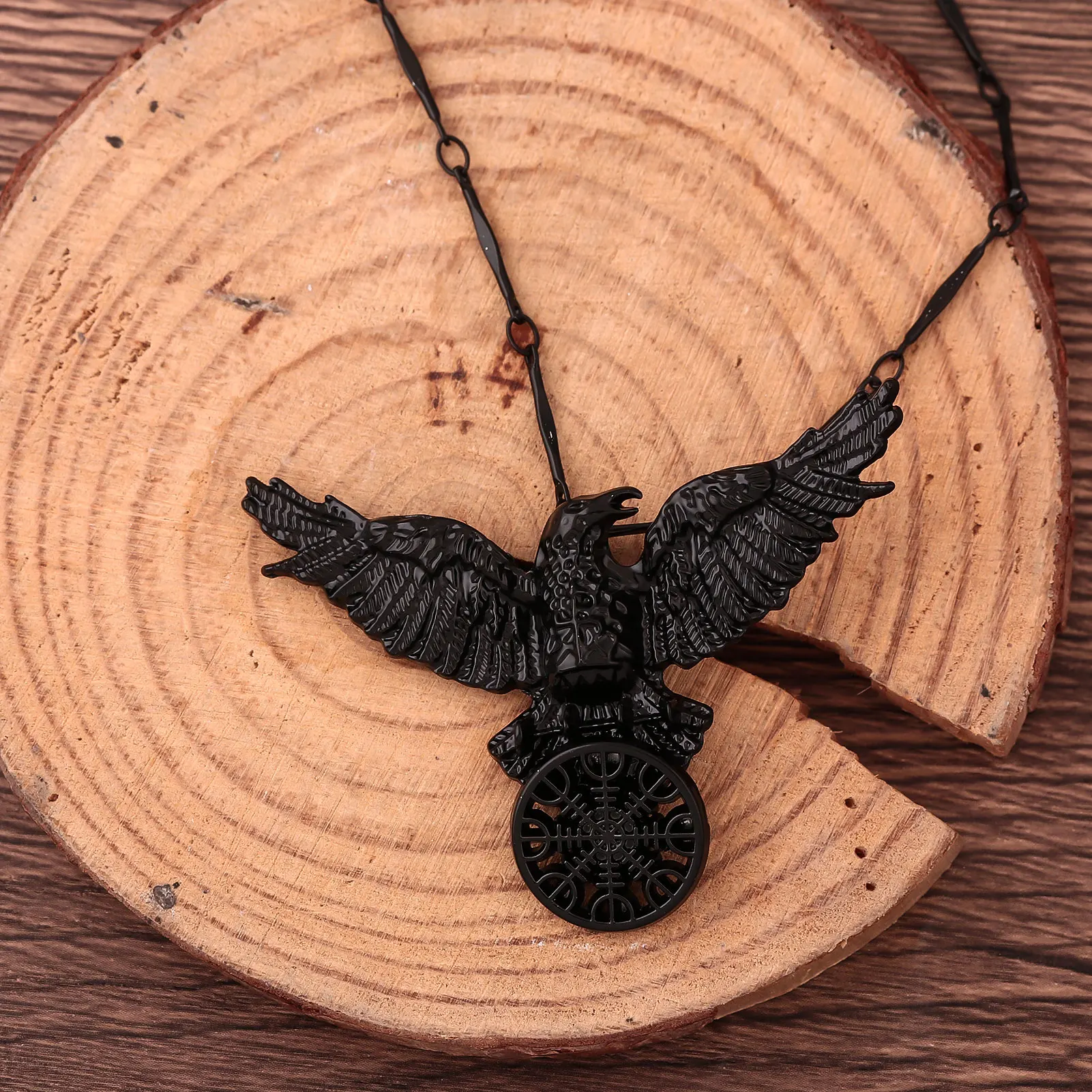 Vintage Viking Black Crow Necklace Odin Raven Compass Rune Pendant Keychain for Men Women Gothic Hairpin Hip Hop Punk Jewelry view 5