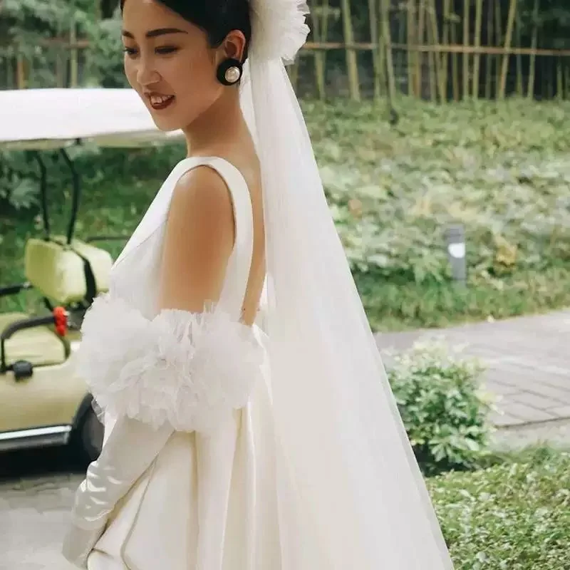 Tocado de novia blanco, velo largo de encaje, Mangas de satén, guantes Vintage, puños, fotografía, accesorios de vestido de cena de boda