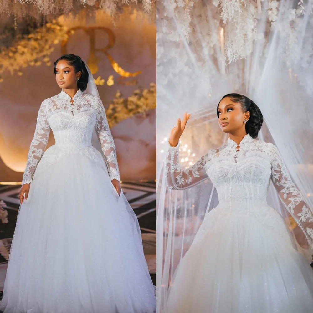 Queen Ball Gown Wedding Dress Customized High Neck Long Sleeve Bridal Dresses Luxury Formal Lace Appliques Bride Dress