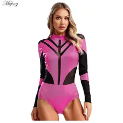 Women Gymnastics Ballet Leotard Cutout Back Metallic Jumpsuit Sheer Mesh Patchwork Bodysuit for Dance Party Shows Competitions