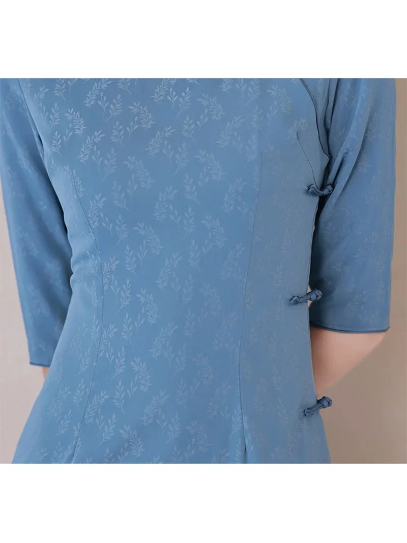 Women Half Sleeve Blue Lined Dress Chinese Style Girl Vintage Cheongsam Female Fashion Show Costume Improved Qipao