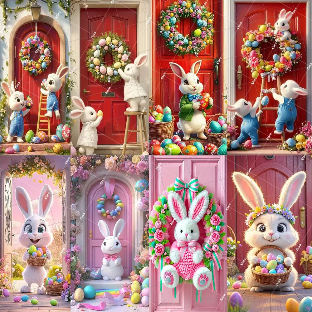 

1 Pc Easter Door Cover Banner Bunny Ladder Flower Wreath Vibrant Spring Decor with Playful Bunnies For Easter Holiday Parties