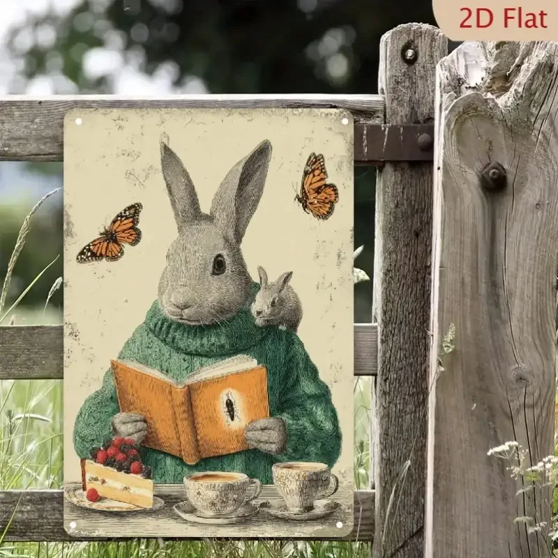 Vintage Metal Aluminum Sign, Featuring A Playful Rabbit Wearing A Sweater Reading A Book, Perfect for Decorating Libraries