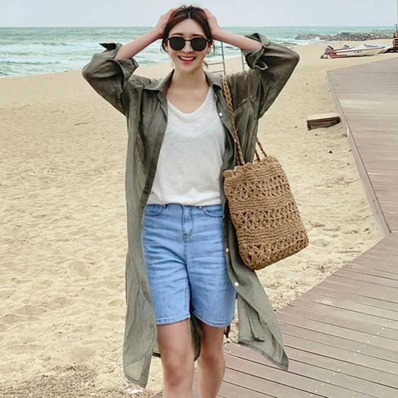 

Summer New Loose Women's Long Sve Thin Sun Protection irt Casual Faionable Polyester Blend Commute Sle Button Detail