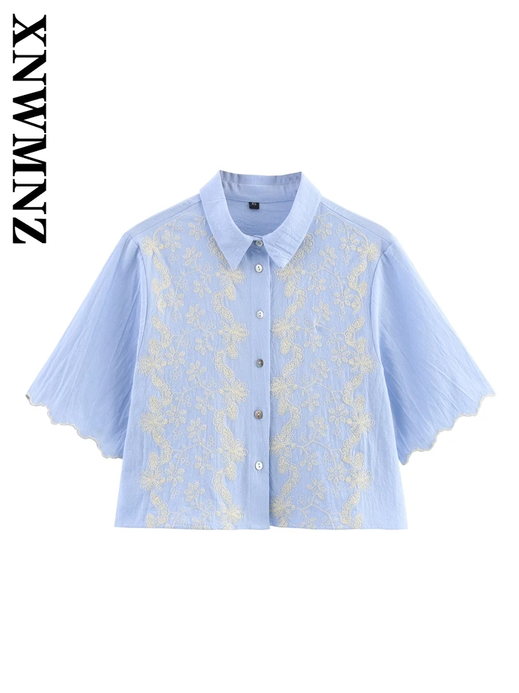 

XNWMNZ 2025 Summer Woman's Commuting Simple Turn-down Collar Short Blouses Casual Fashion Woman Blue half Sleeve Chic Thin Top