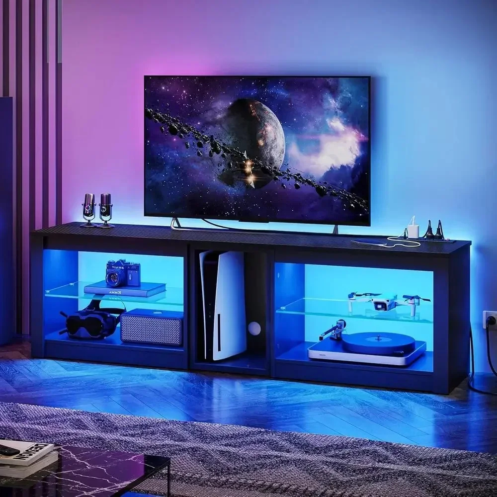 70 TV Stand with Power Outlets, LED Entertainment Center, PS5-Ready Gaming TV with Glass Shelves, 63 Living Room Display in Blac