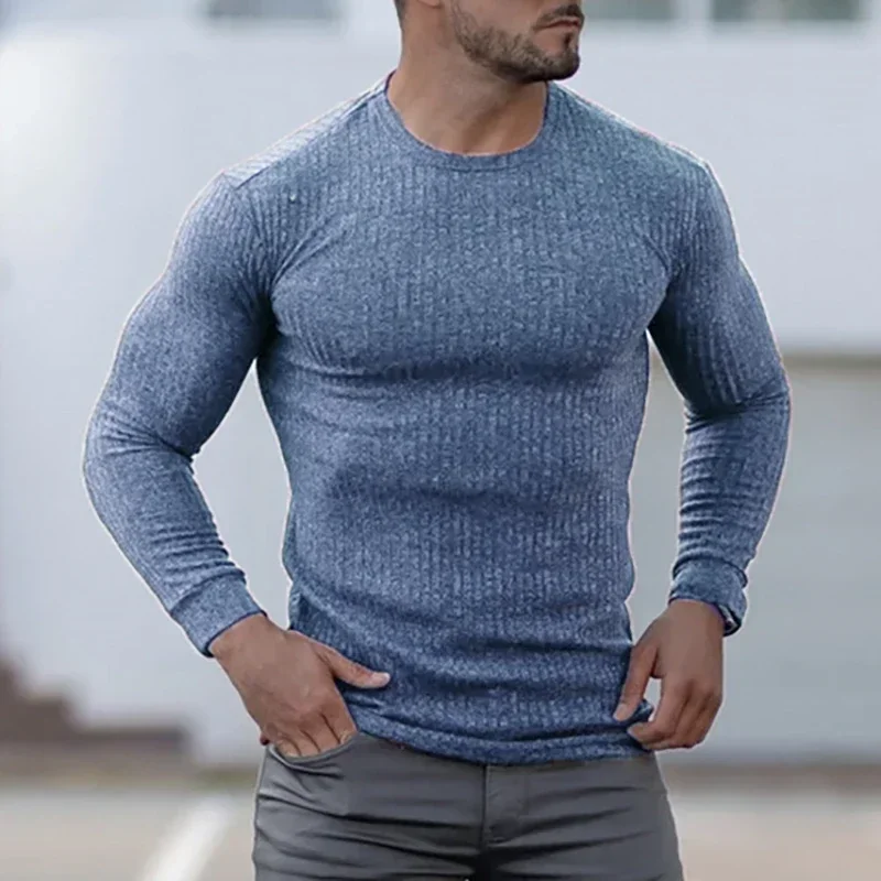 Spring Autumn Knitted Exercise Long Sleeved T-shirts Mens Round Neck Slim Fit Running Casual Gym Training Sports Tees Shirt