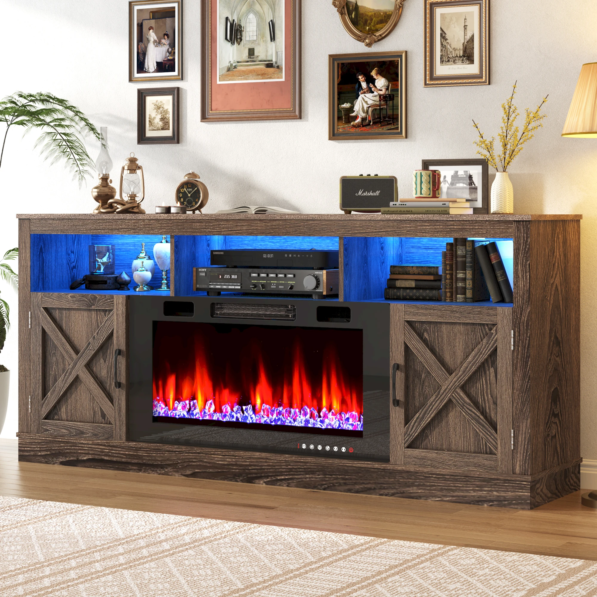 

70'' Farmhouse Fireplace TV Stand with Barn Door TV Entertainment Center with 36" Fireplace with Remote Modern Rustic TV Console