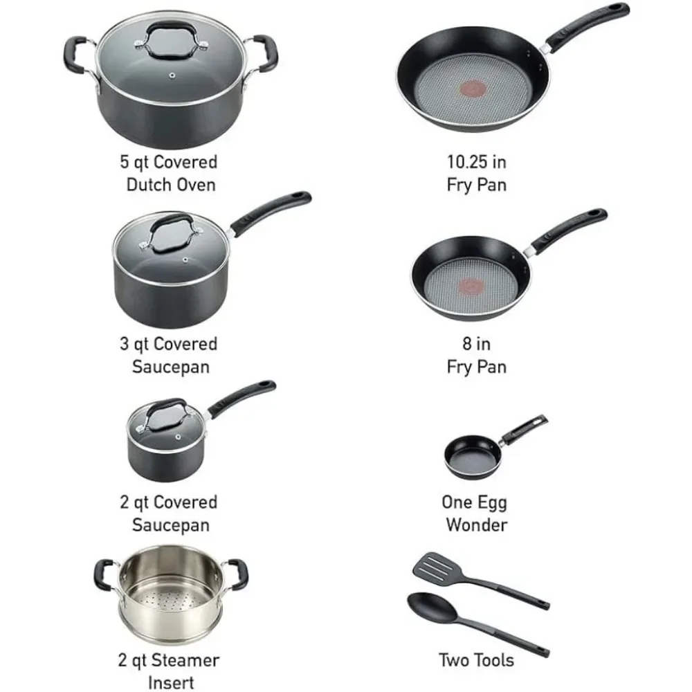 

T-fal Experience Nonstick Cookware Set 12 Piece Induction Oven Safe 350F Pots and Pans, Dishwasher Safe Black