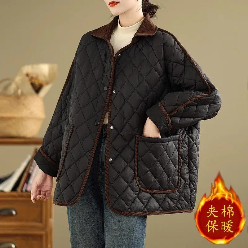Women's Retro Diamond Grid Contrasting Cotton Jacket Large Size Quilted Coat Women's Fashion Double Pocket Autumn Winter A481