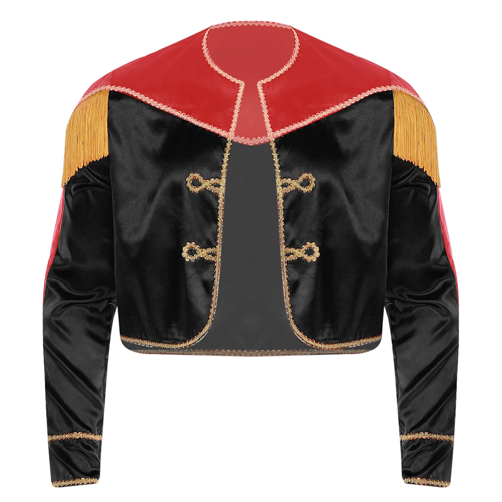 

Men Christmas Matador Cosplay Costume Circus Show Clothes Long Sleeve Open Front Coat Gold Braid Trim Color Block Tassels Jacket