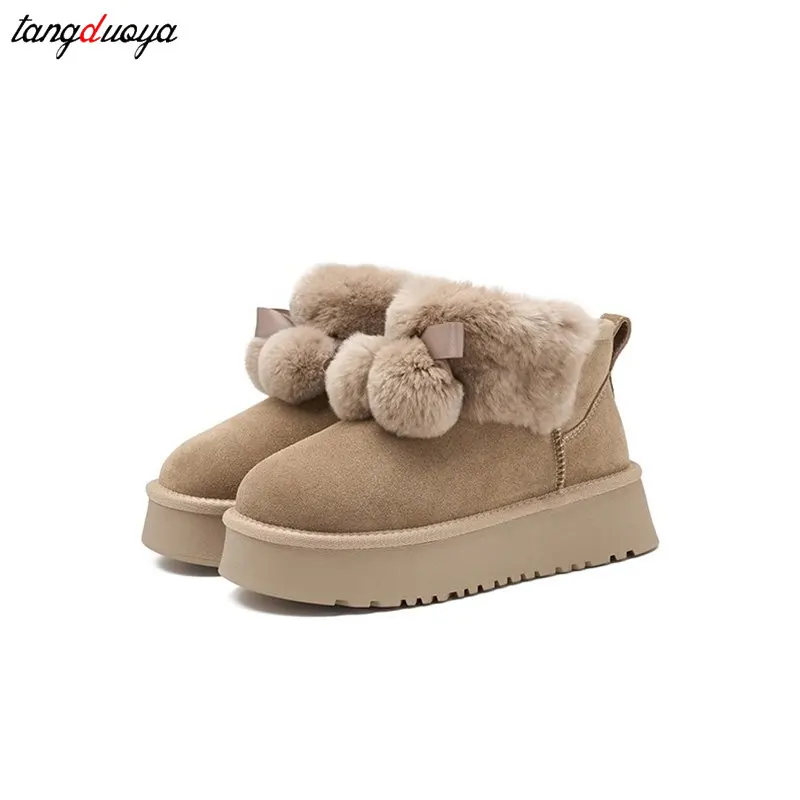 Cute furry ball Women\'s cotton boots Australian Boots Winter Footwear Round Toe Boots-Women Fashion Snow Low Ladies Ankle boots