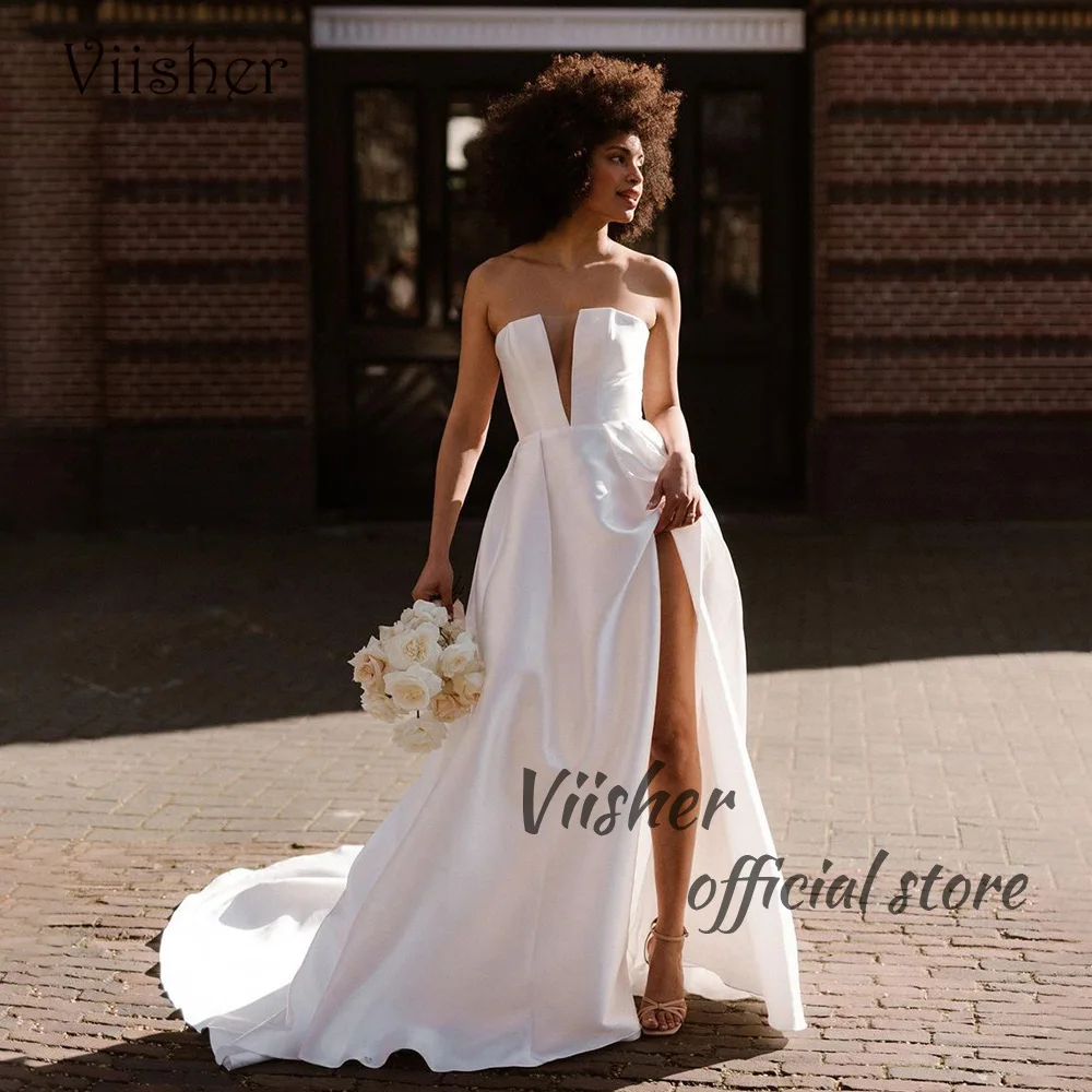 Viisher-vestidos de novia bohemios plisados, satén drapeado, pierna dividida, Sexy, largo hasta el suelo