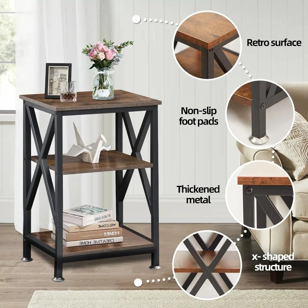 طاولات نهائية لغرفة المعيشة مكونة من 2 مزرعة، طاولة جانبية مع رف تخزين، 16 بوصة عرض × 12 بوصة عمق × 24 بوصة ارتفاع، مجموعة طاولة جانبية من 3 طبقات مكونة من 2، X-S