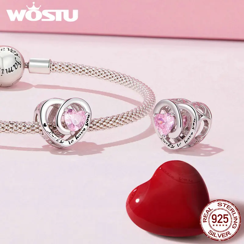WOSTU 925 Sterling Silver Grateful Heart Charm Pendant Love Positioning Buckle beads For Women Fit DIY Bracelet Necklace Jewelry