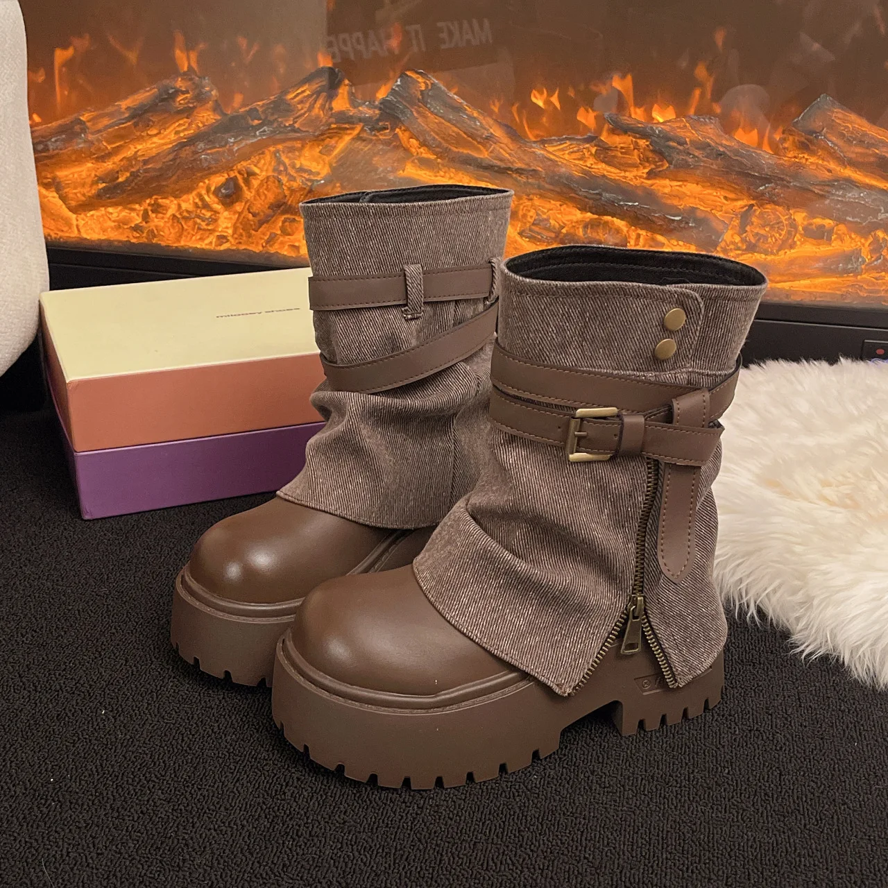 Ankle Boots for Women Cowboy Flats Platform Shoes  Fashion Designer Zipper Winter Gothic Boots New Walking Dress Mujer Botas view 5