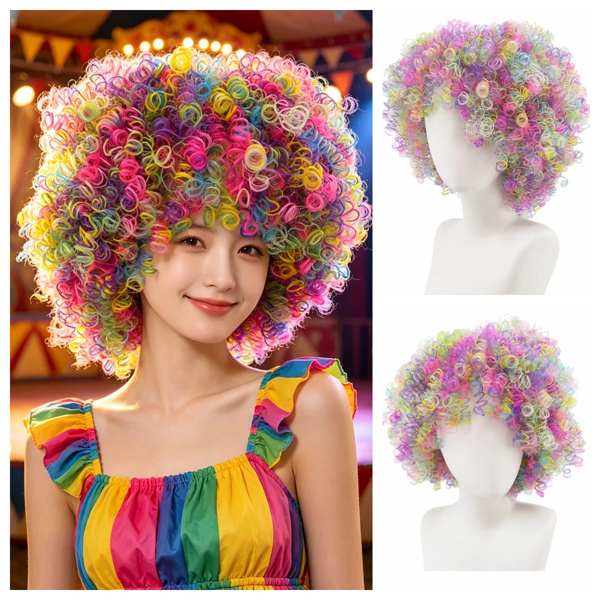 Anxin Brand Synthetic Fiber Wigs: Rainbow-Colored Fluffy Medium-Length Curly Hair, Unisex, for Valentine's Day Atmosphere, Carnival, Circus, Halloween Costume Parties, and Dress-Up Wigs