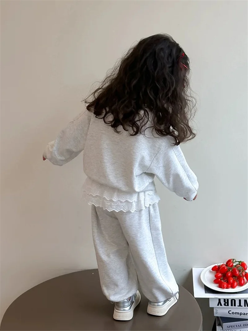 Autumn Girls 2 Piece Sets Children Cotton Lace Long Sleeve Bow Sweatshirt Suit Kids Sports Loose Tracksuit Outfits  987