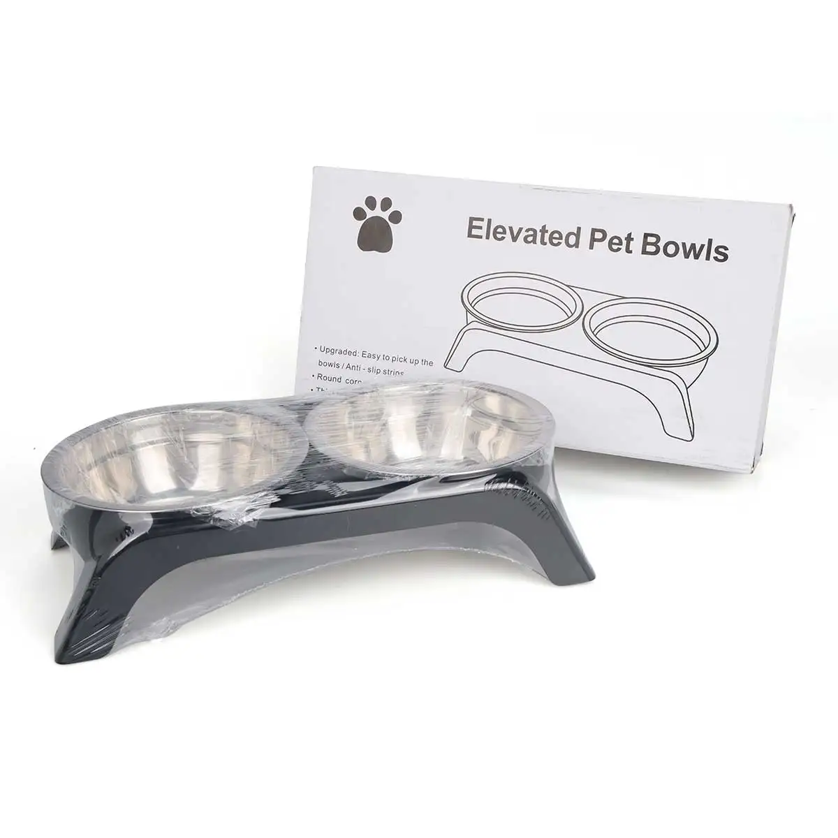 Elevated pet bowl with two stainless steel bowls, suitable for small and medium-sized dogs and cats, available in black and gray
