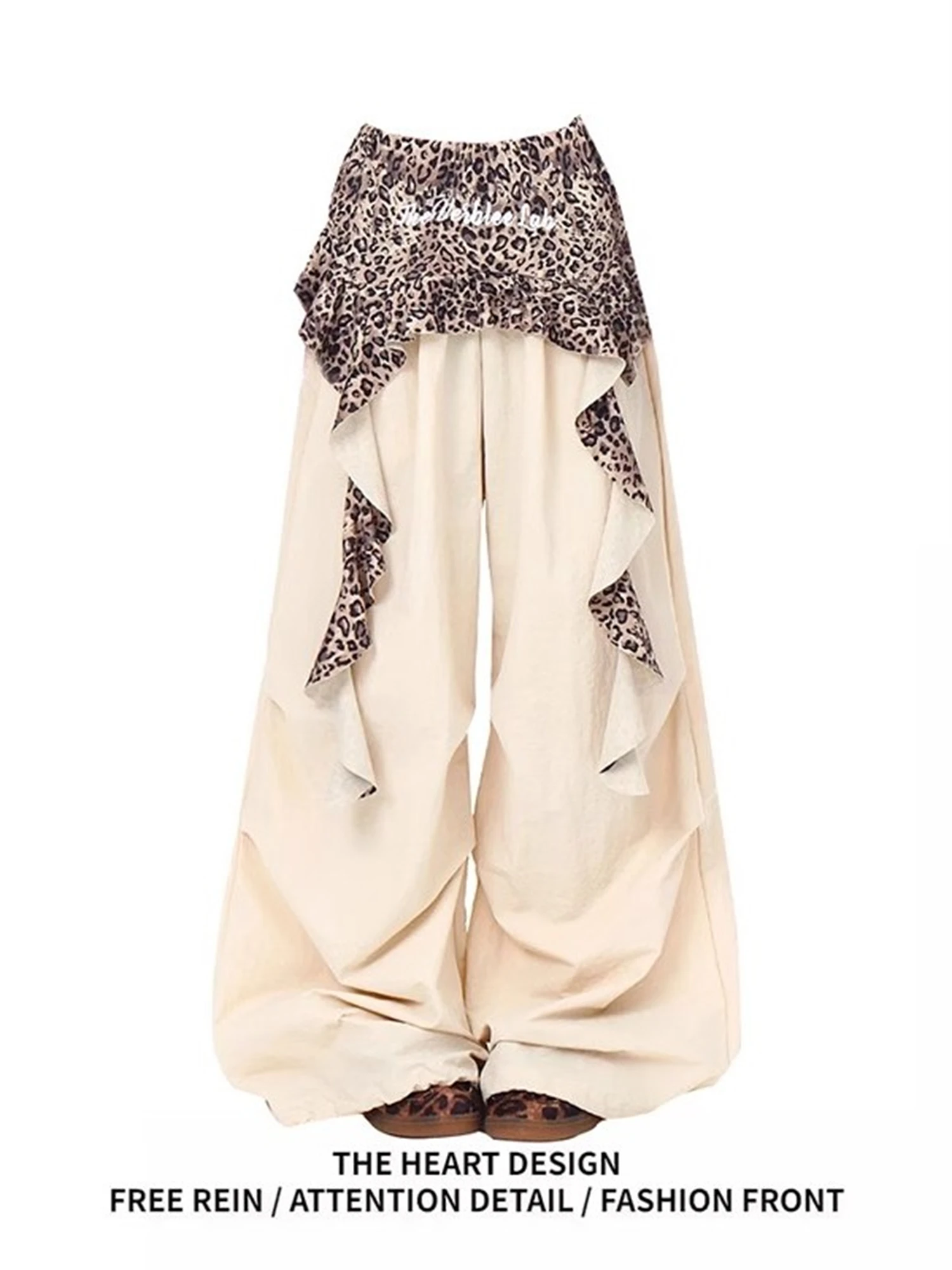 

Women's Oversized Wide Leg Pants Leopard Print Ruffle Trim Bohemian Casual Loose Comfortable Fashion Trendy Trousers for Daily