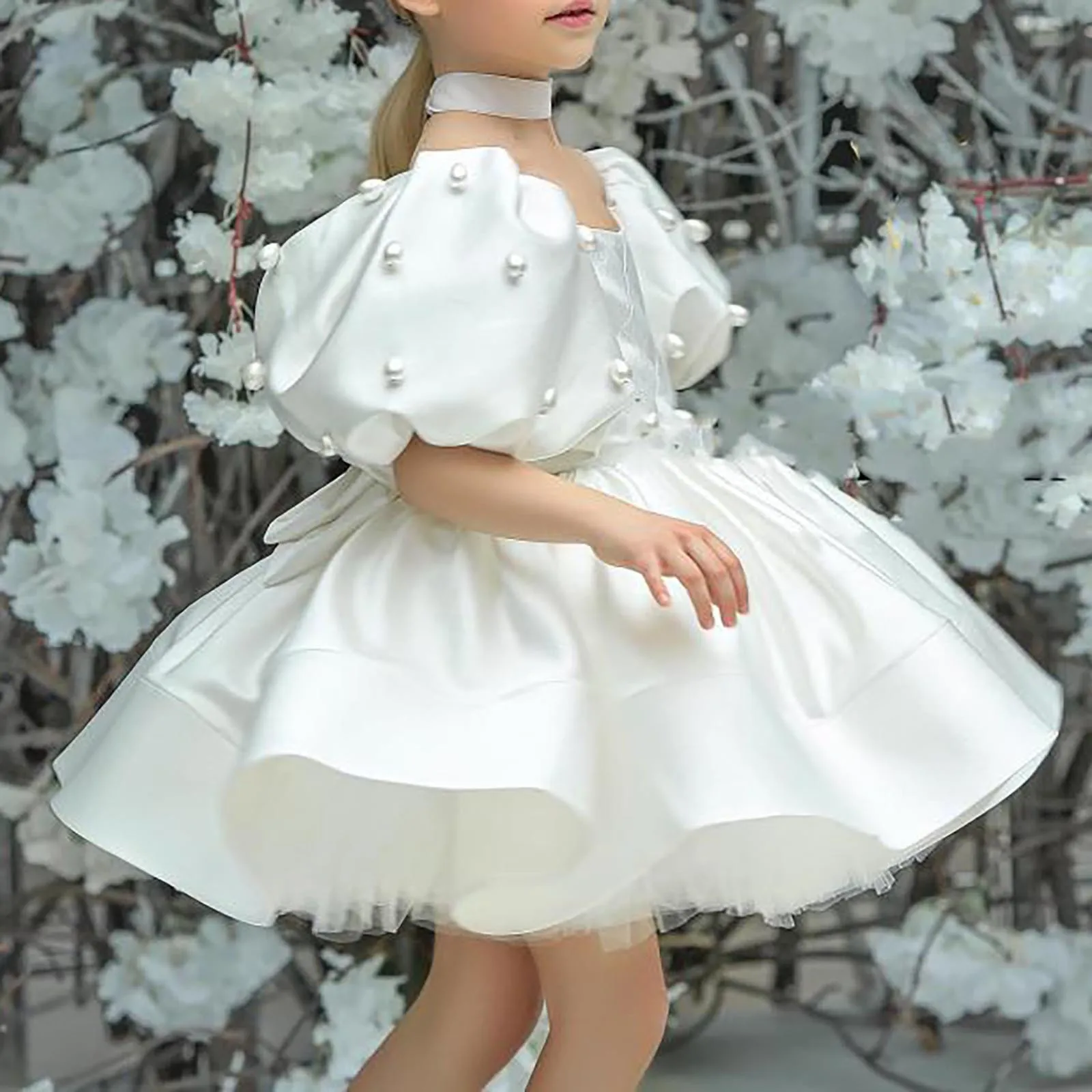 Summer Cute Girls White Princess Dress Mesh Puffy Short Sleeve Dress Toddler Kids Birthday Party Dress Performance Costume