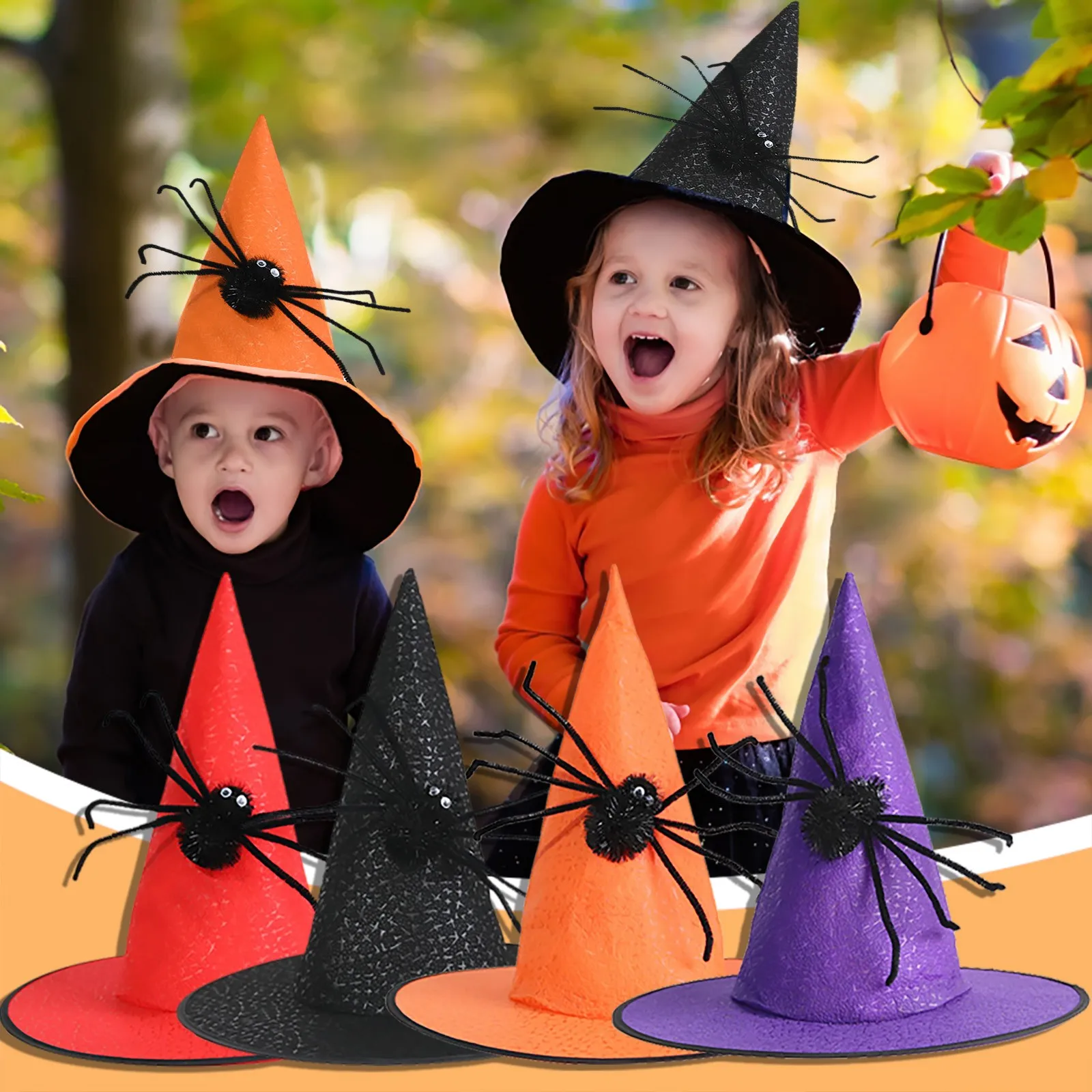 

Children Halloween Witch Wizard Hats Foldable Witch Hat Spider Pointed Hat Halloween Cosplay Costumes Accessories