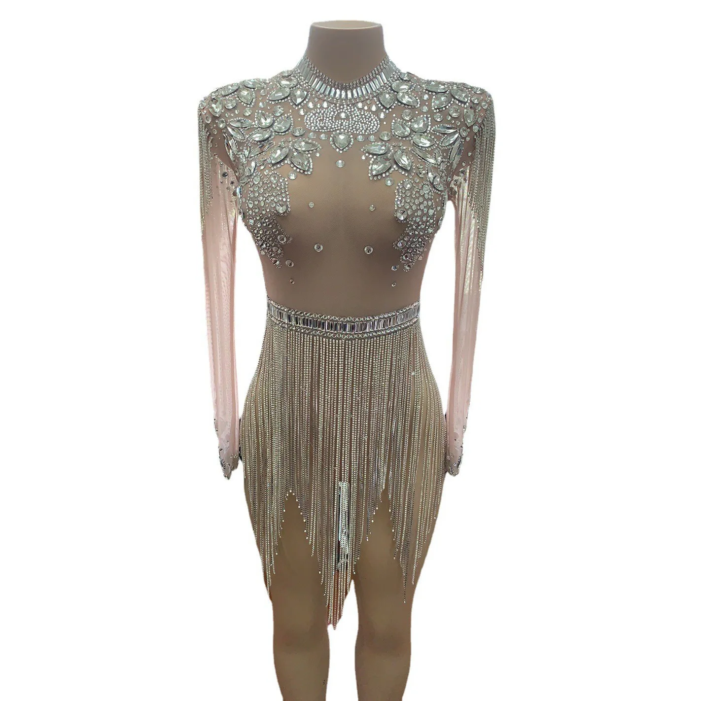 

Sexy Mesh Luxury Rhinestone Birthday Party Onesie Triangle High Fork Stage Performance Suit Vestido De Gala Noche Mujer Elegante