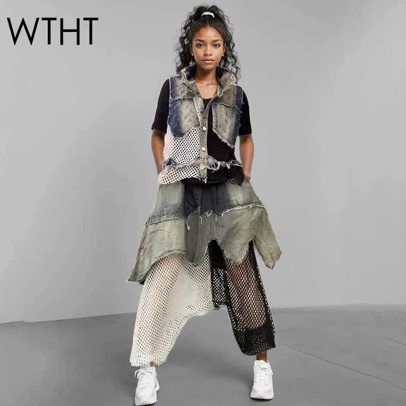 WTHT New Fashion Women's Spliced Contrast Color Mesh Lapel Denim Vest Elastic Waist Loose Skirt Pants Female 2025 Spring 1LS900