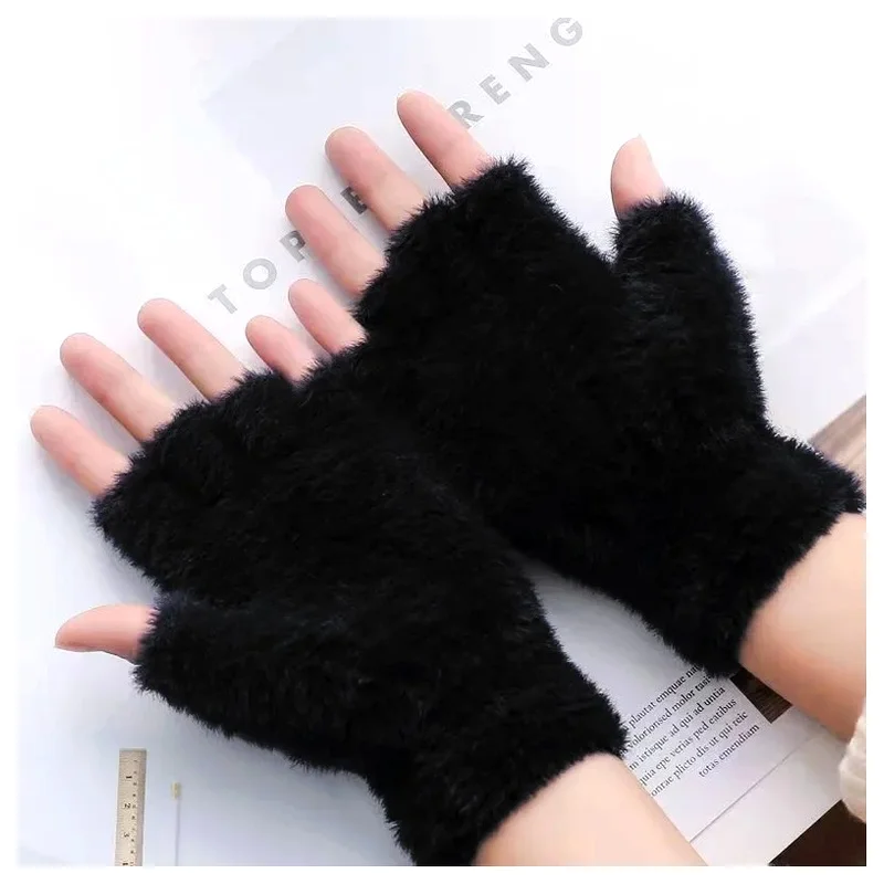 For Women Winter Warm Plush Soft Fashion Touchscreen Imitation Mink Cashmere Gloves Half Finger For Driving Winter Work