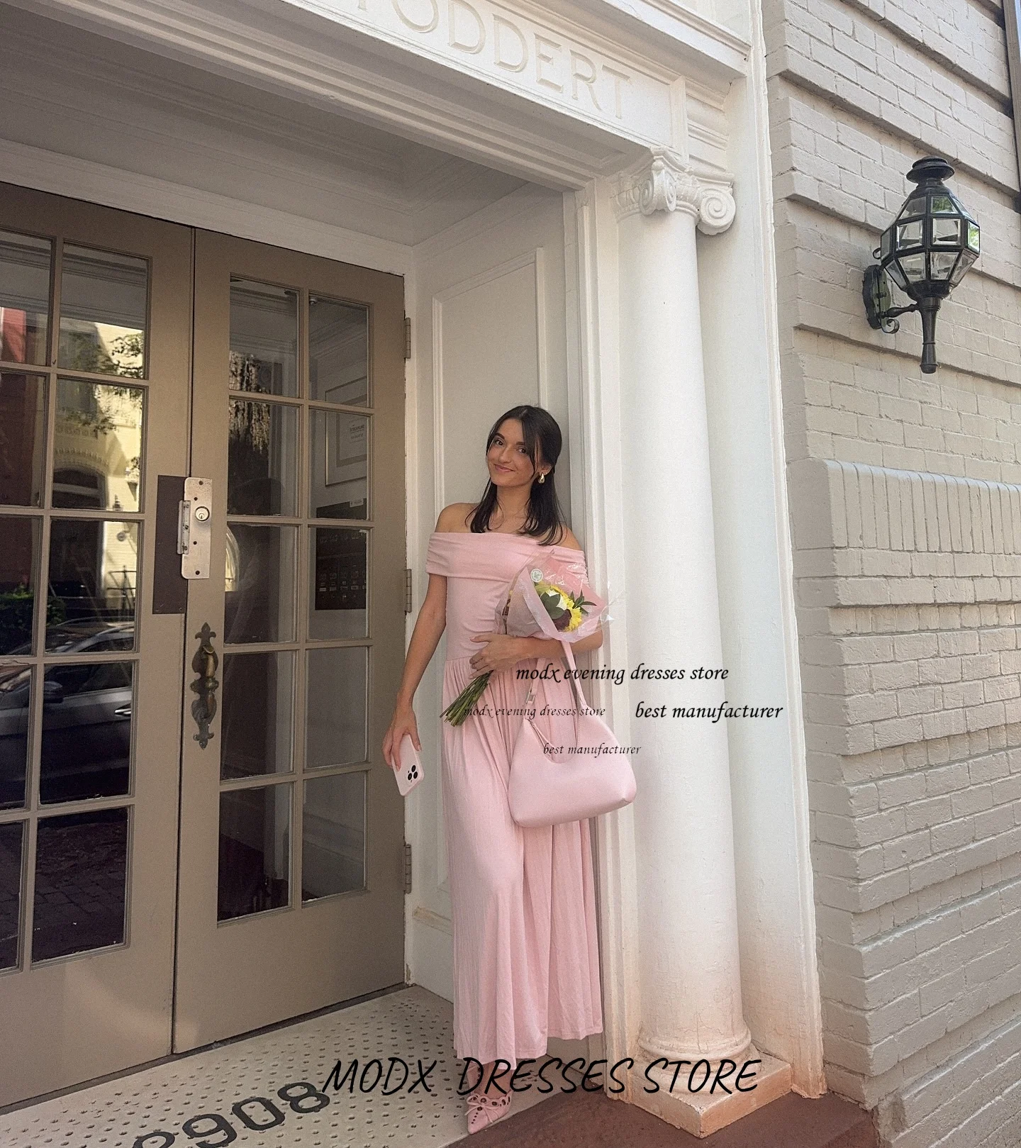 فستان MODX وردي بدون أكتاف شيفون متوسط الطول على شكل حرف a مطوي فستان صيفي ناعم للتاريخ اليومي نزهة عطلة مخصصة