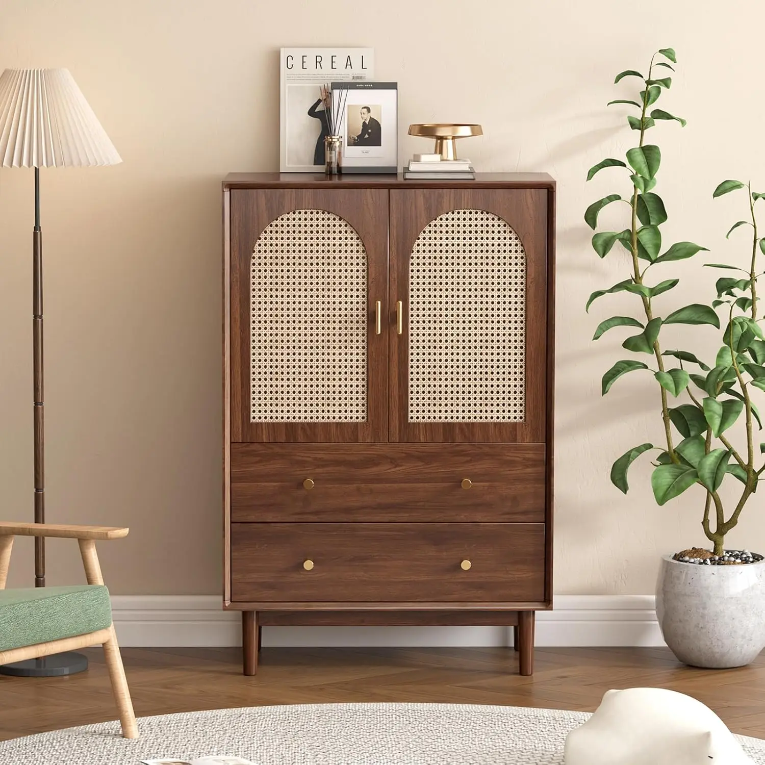 Drawer Dresser with Rattan Finish for Bedroom Furniture.Wood Dressers & chests of Drawers,Beveled Edge Design.Hand-Polished.