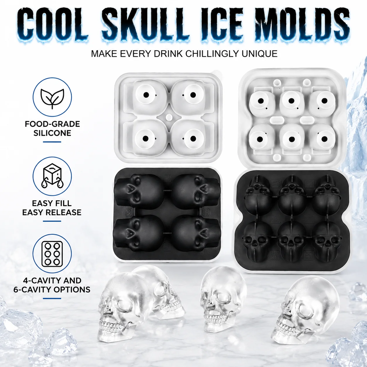 4/6 Cavity Large Skull Ice Cube Maker Silicone Whiskey Ice Tray Slow Melting Ice Cube Mold For Halloween Bar Drinks Accessories - view 2