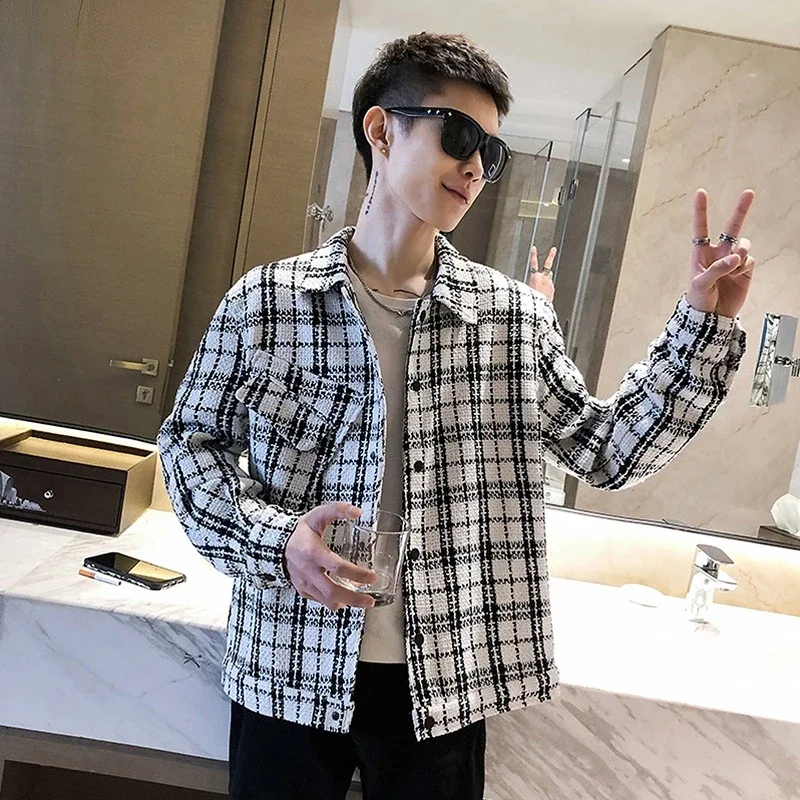 

2023 New Jacket Mens Coats Spring and Autumn Casual Grid Tops Korean Fashion Loose Vintage Plaid Patchwork Jackets