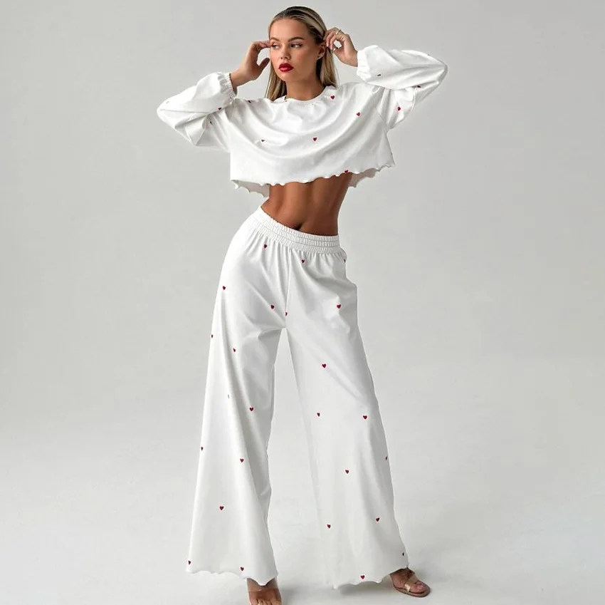Autumn Heart-printed Long-sleeved Trousers Pajamas Set 2 Pcs Outfit Sleepwear Home Clothes Nightwear