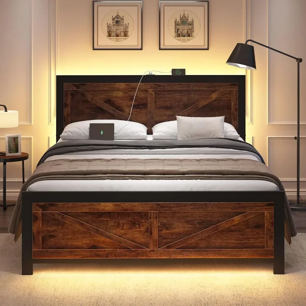 Led Bed Frame Full/Queen/ King Size with Charging Station, Industrial Platform Bed Frame with Rustic Barn Door Wood Headboard