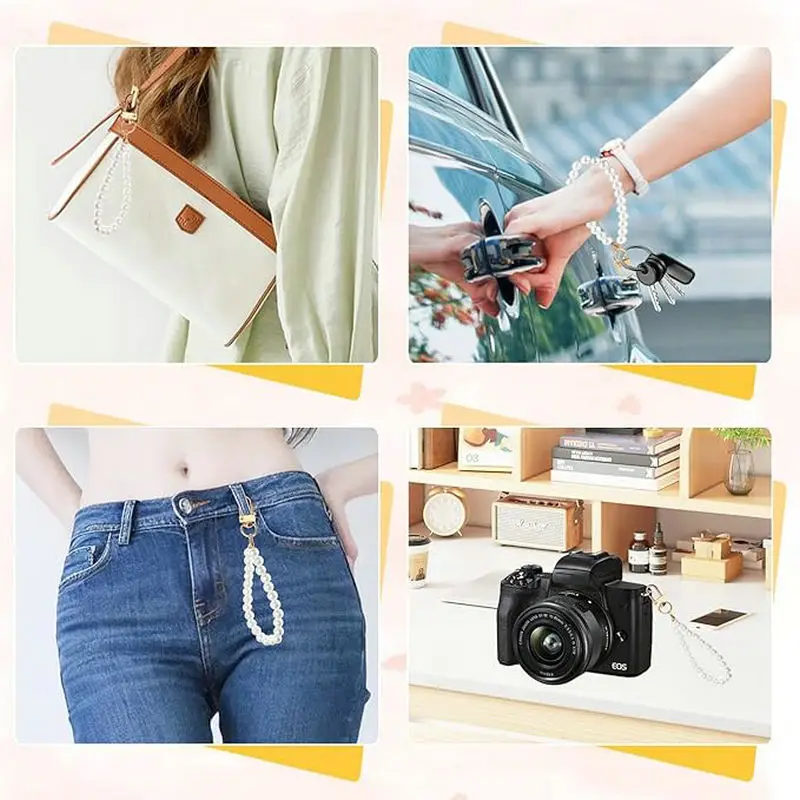 لؤلؤة مطرز المفاتيح الأشرطة اللؤلؤ الاصطناعي سلسلة مفتاح حامل حلقة رئيسية شريط للرسغ ملحق الديكور للنساء الفتيات